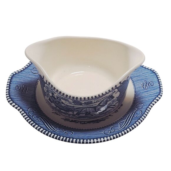 Currier Ives Gravy Boat Underplate Royal Pottery blue USA transferware ironstone - Picture 3 of 7